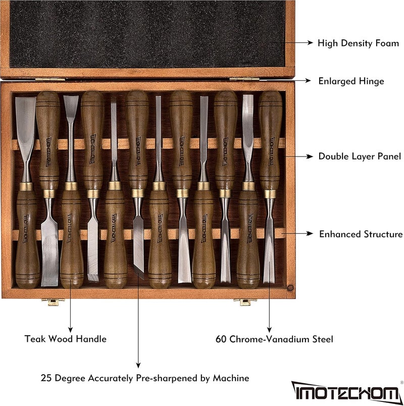 IMOTECHOM 12-Pieces Woodworking Wood Carving Tools Chisel Set with Wooden Box, Razor Sharp CR-V 60 Steel Blades - Image 2